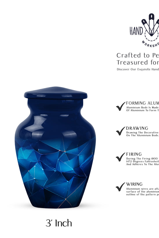 Pastel Blue Blue Cremation Urn close-up of engraving and surface detail - classic sculpted blue pattern on smooth aluminum - mini keepsake memorial for portion of cremation ashes