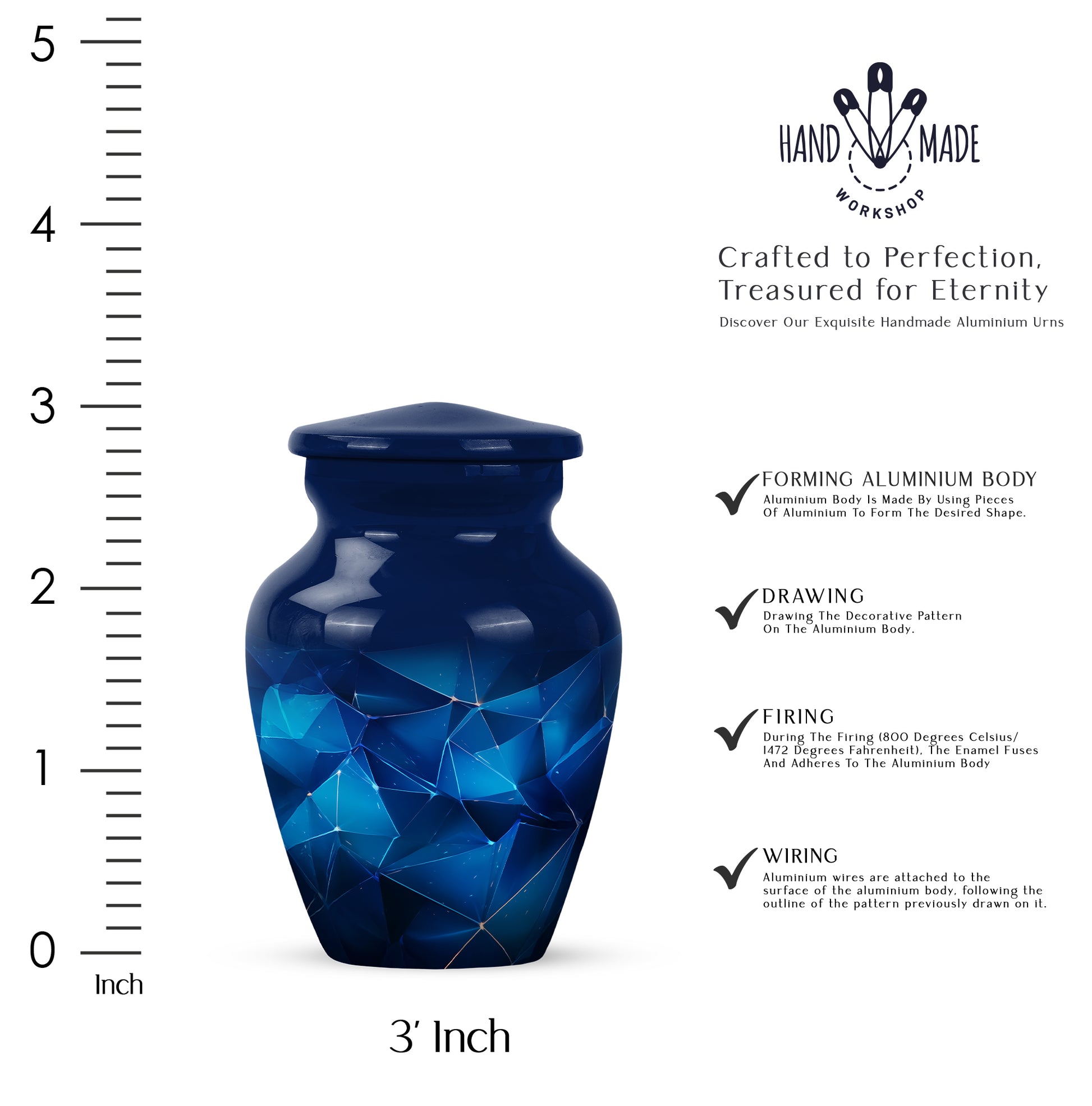Pastel Blue Blue Cremation Urn close-up of engraving and surface detail - classic sculpted blue pattern on smooth aluminum - mini keepsake memorial for portion of cremation ashes