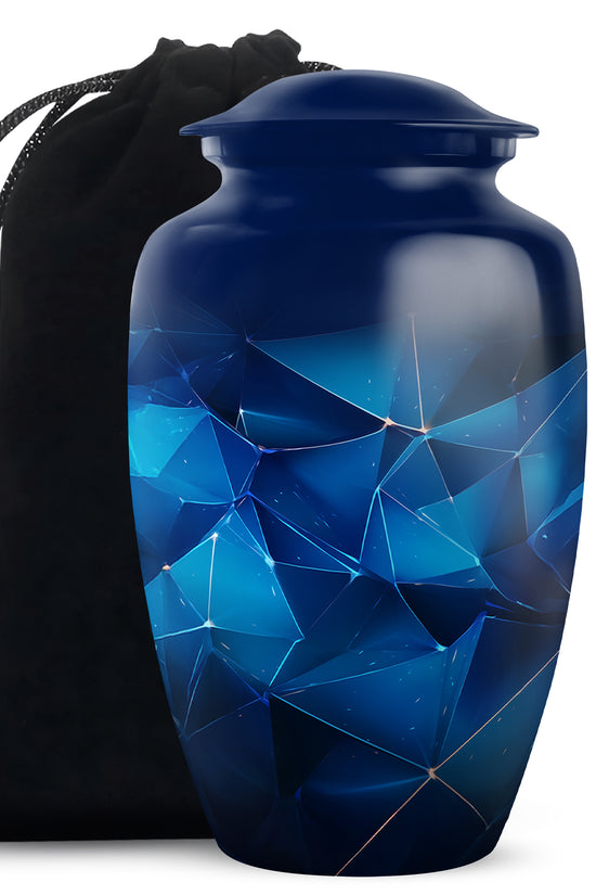 Vivid Blue Blue Cremation Urn angled view of lid and engraved motif - traditional blue engraving with hand-polished finish - full-size 10 inch 200 cubic inch adult cremation urn