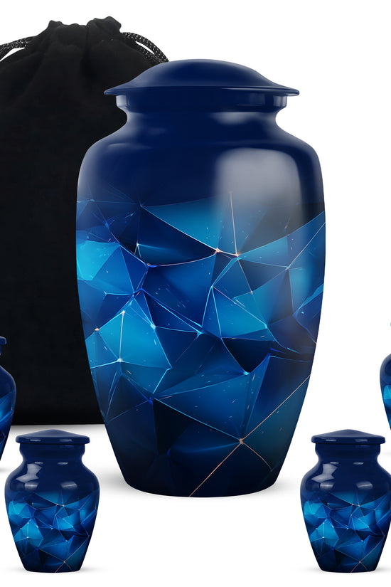 Powder Blue Blue Cremation Urn top-down view of secure threaded lid - timeless blue motif etched into premium metal - memorial set with one large and four small urns