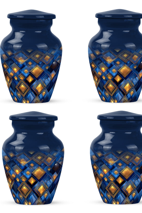 Vivid Blue Blue Cremation Urn side profile showing urn shape - elegant classic blue relief with fine detailing - 10 inch aluminum urn for cremated remains