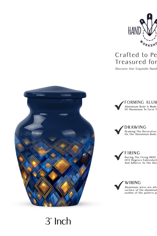 Calming Blue Blue Cremation Urn close-up of engraving and surface detail - traditional blue engraving with hand-polished finish - mini keepsake memorial for portion of cremation ashes