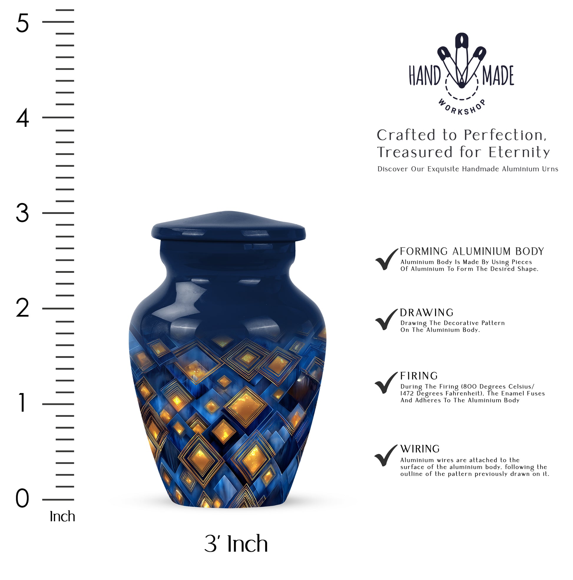 Calming Blue Blue Cremation Urn close-up of engraving and surface detail - traditional blue engraving with hand-polished finish - mini keepsake memorial for portion of cremation ashes
