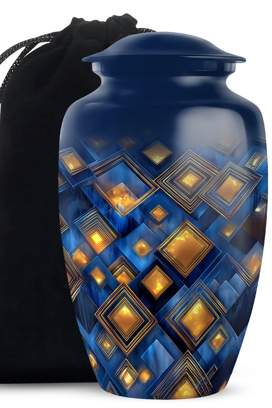 Slate Blue Blue Cremation Urn angled view of lid and engraved motif - classic sculpted blue pattern on smooth aluminum - full-size 10 inch 200 cubic inch adult cremation urn