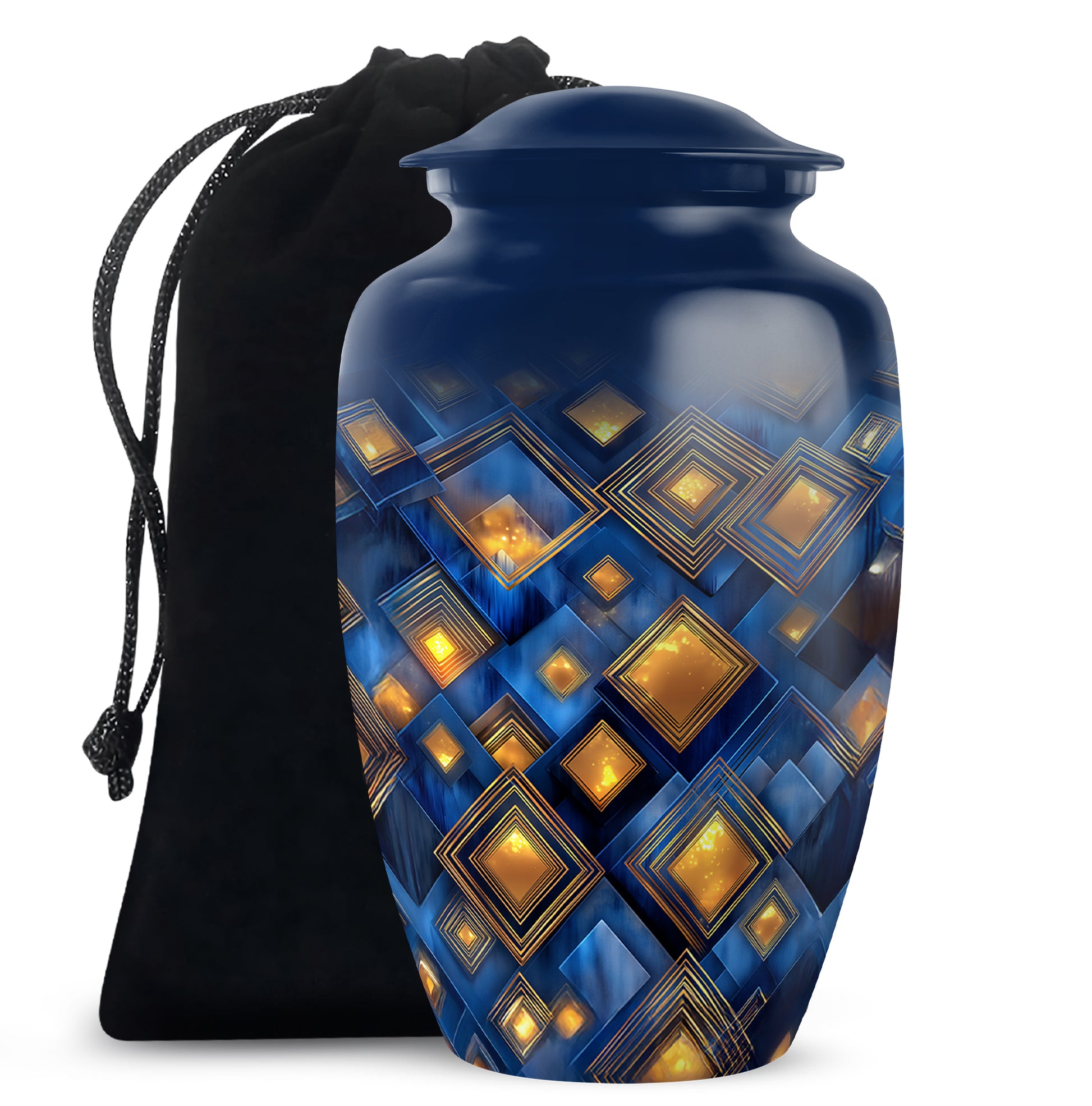 Slate Blue Blue Cremation Urn angled view of lid and engraved motif - classic sculpted blue pattern on smooth aluminum - full-size 10 inch 200 cubic inch adult cremation urn