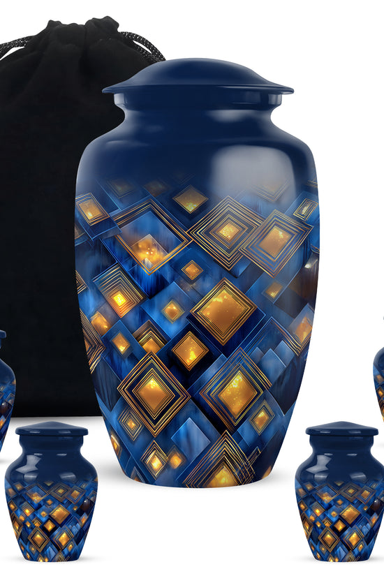 Navy Blue Blue Cremation Urn top-down view of secure threaded lid - timeless blue motif etched into premium metal - memorial set with one large and four small urns