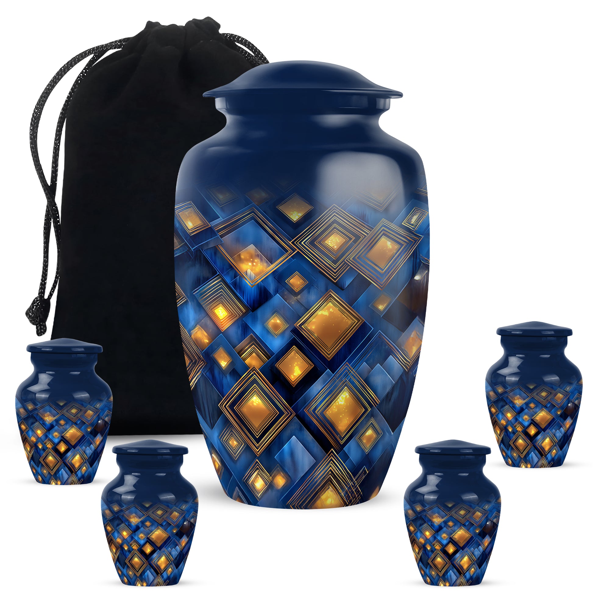 Navy Blue Blue Cremation Urn top-down view of secure threaded lid - timeless blue motif etched into premium metal - memorial set with one large and four small urns