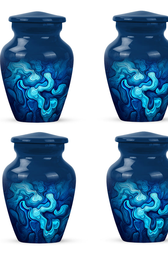 Sky Blue Blue Cremation Urn side profile showing urn shape - timeless blue motif etched into premium metal - 10 inch aluminum urn for cremated remains