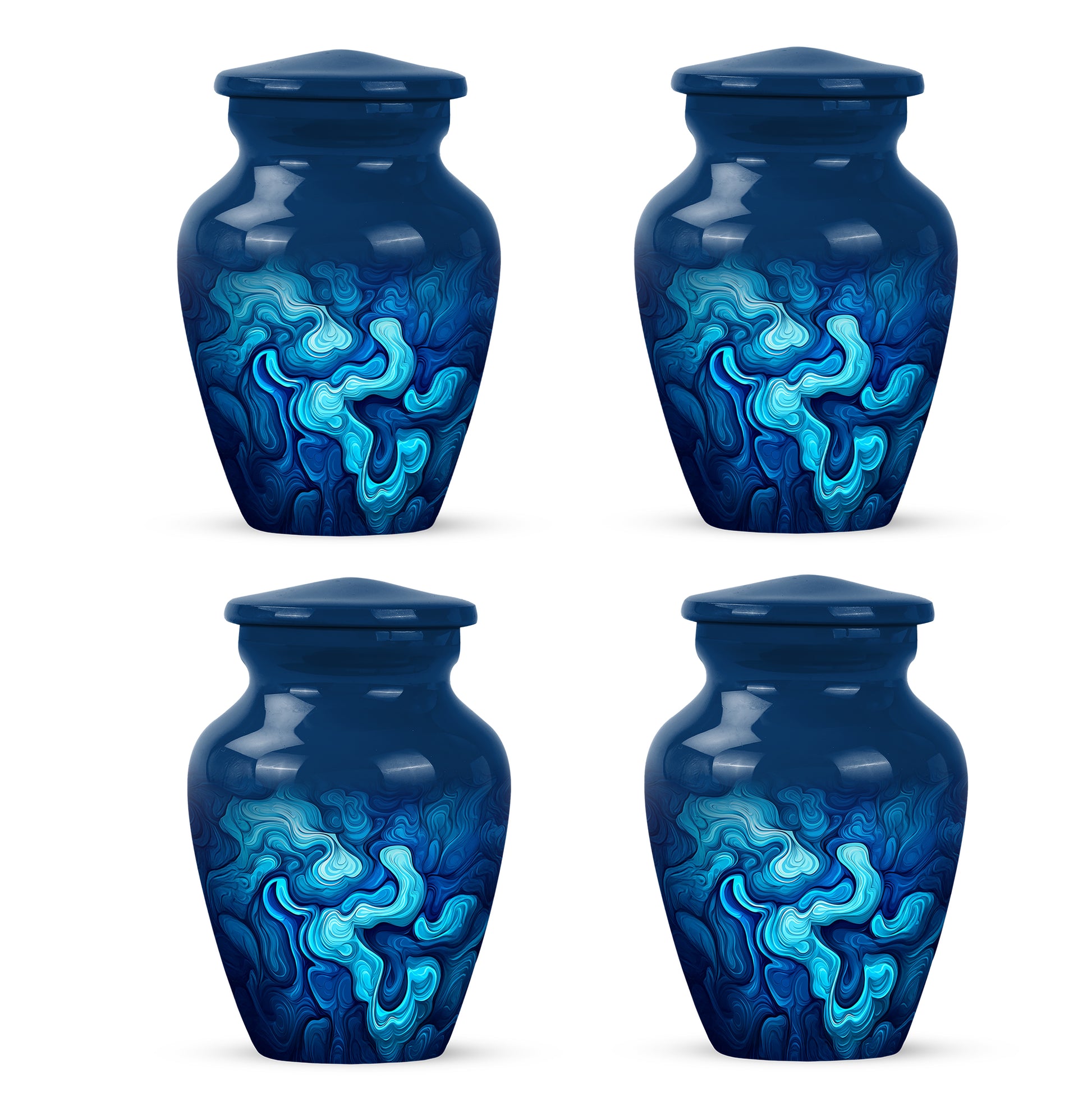 Sky Blue Blue Cremation Urn side profile showing urn shape - timeless blue motif etched into premium metal - 10 inch aluminum urn for cremated remains