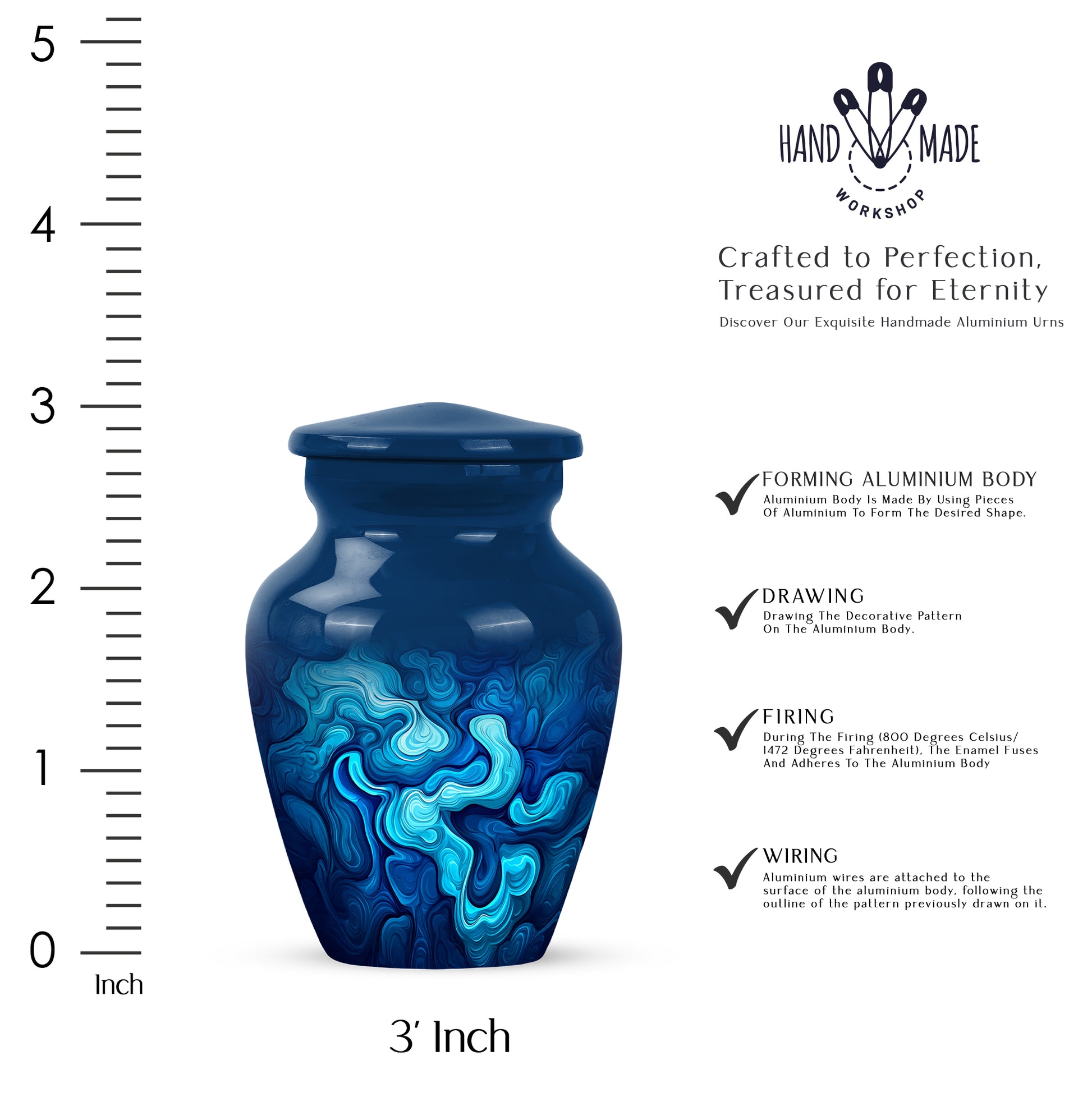 Icy Blue Blue Cremation Urn close-up of engraving and surface detail - classic sculpted blue pattern on smooth aluminum - mini keepsake memorial for portion of cremation ashes