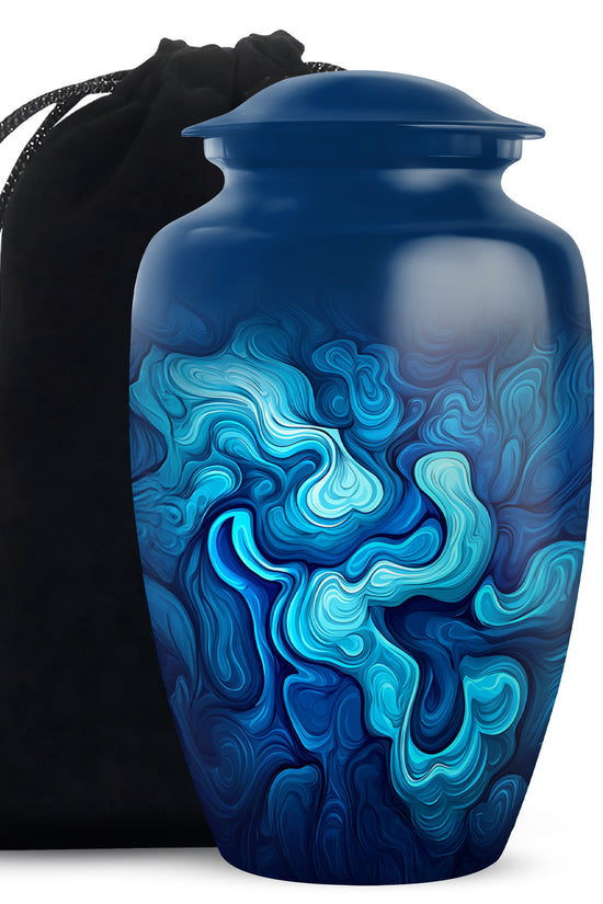 Indigo Blue Cremation Urn angled view of lid and engraved motif - classic sculpted blue pattern on smooth aluminum - full-size 10 inch 200 cubic inch adult cremation urn