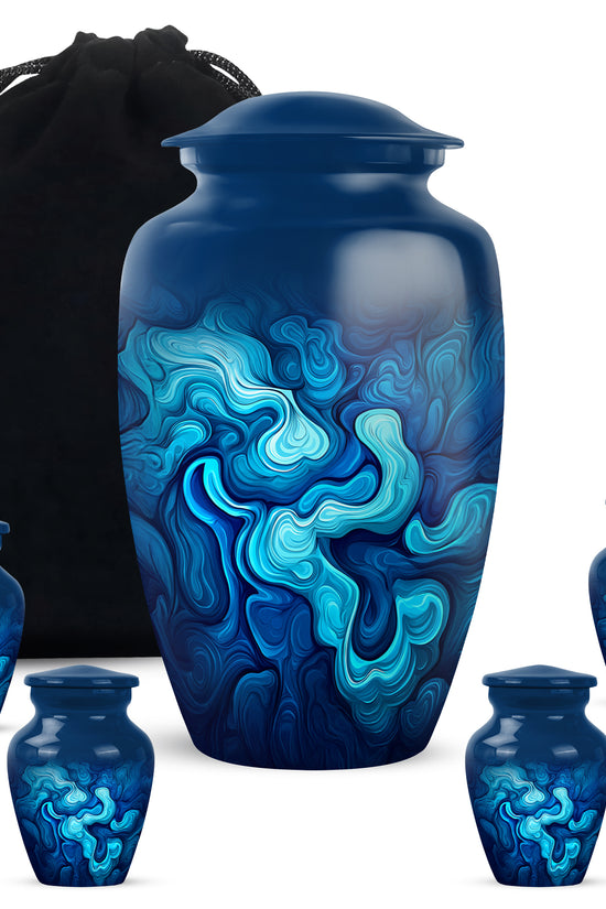Twilight Blue Blue Cremation Urn top-down view of secure threaded lid - elegant classic blue relief with fine detailing - memorial set with one large and four small urns