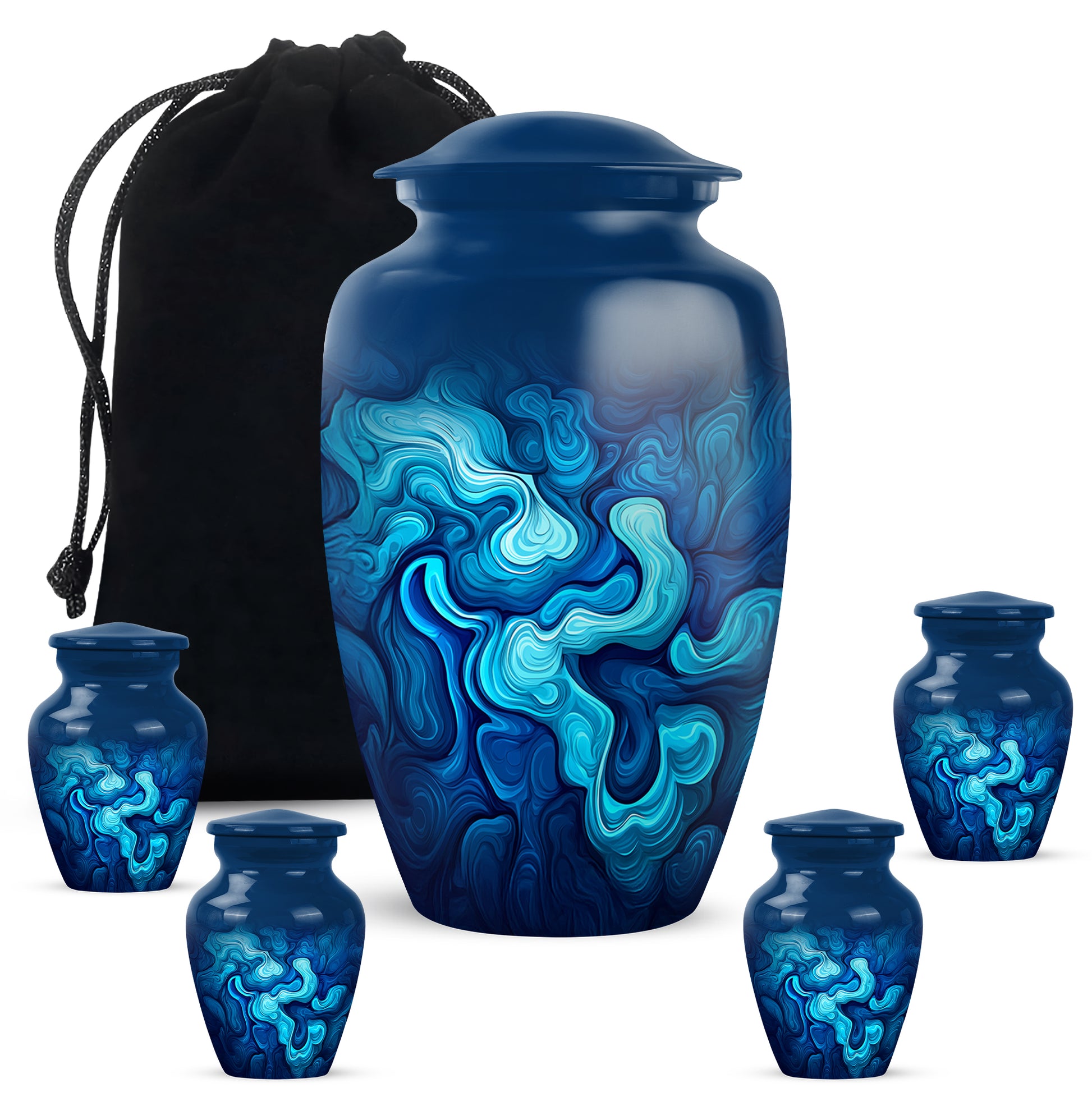 Twilight Blue Blue Cremation Urn top-down view of secure threaded lid - elegant classic blue relief with fine detailing - memorial set with one large and four small urns