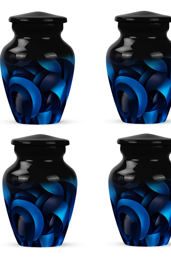 Charcoal Black Blue Cremation Urn side profile showing urn shape - traditional blue engraving with hand-polished finish - 10 inch aluminum urn for cremated remains