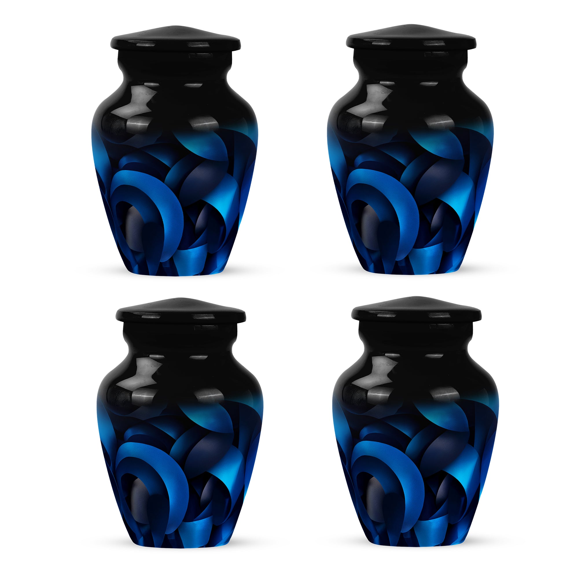 Charcoal Black Blue Cremation Urn side profile showing urn shape - traditional blue engraving with hand-polished finish - 10 inch aluminum urn for cremated remains