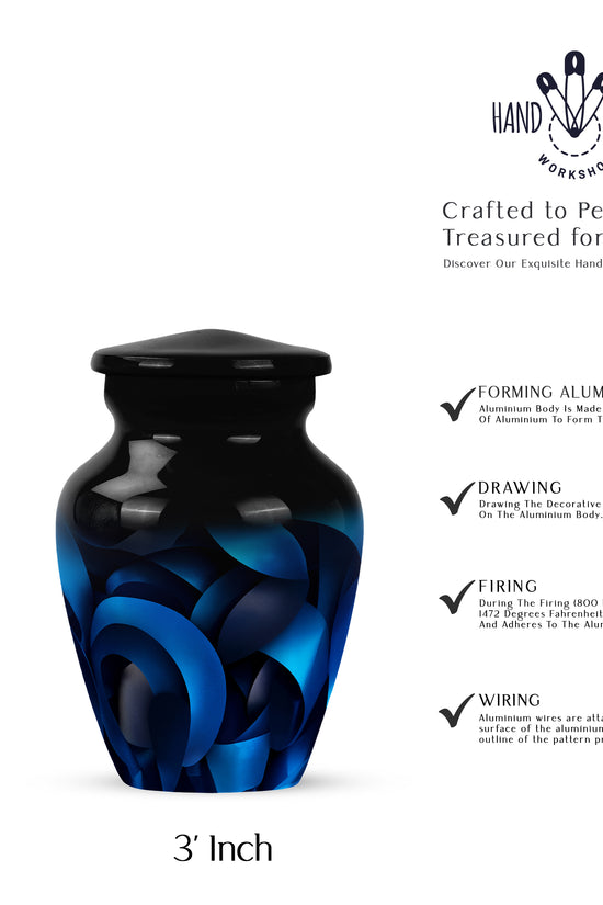 Midnight Black Blue Cremation Urn close-up of engraving and surface detail - traditional blue engraving with hand-polished finish - mini keepsake memorial for portion of cremation ashes