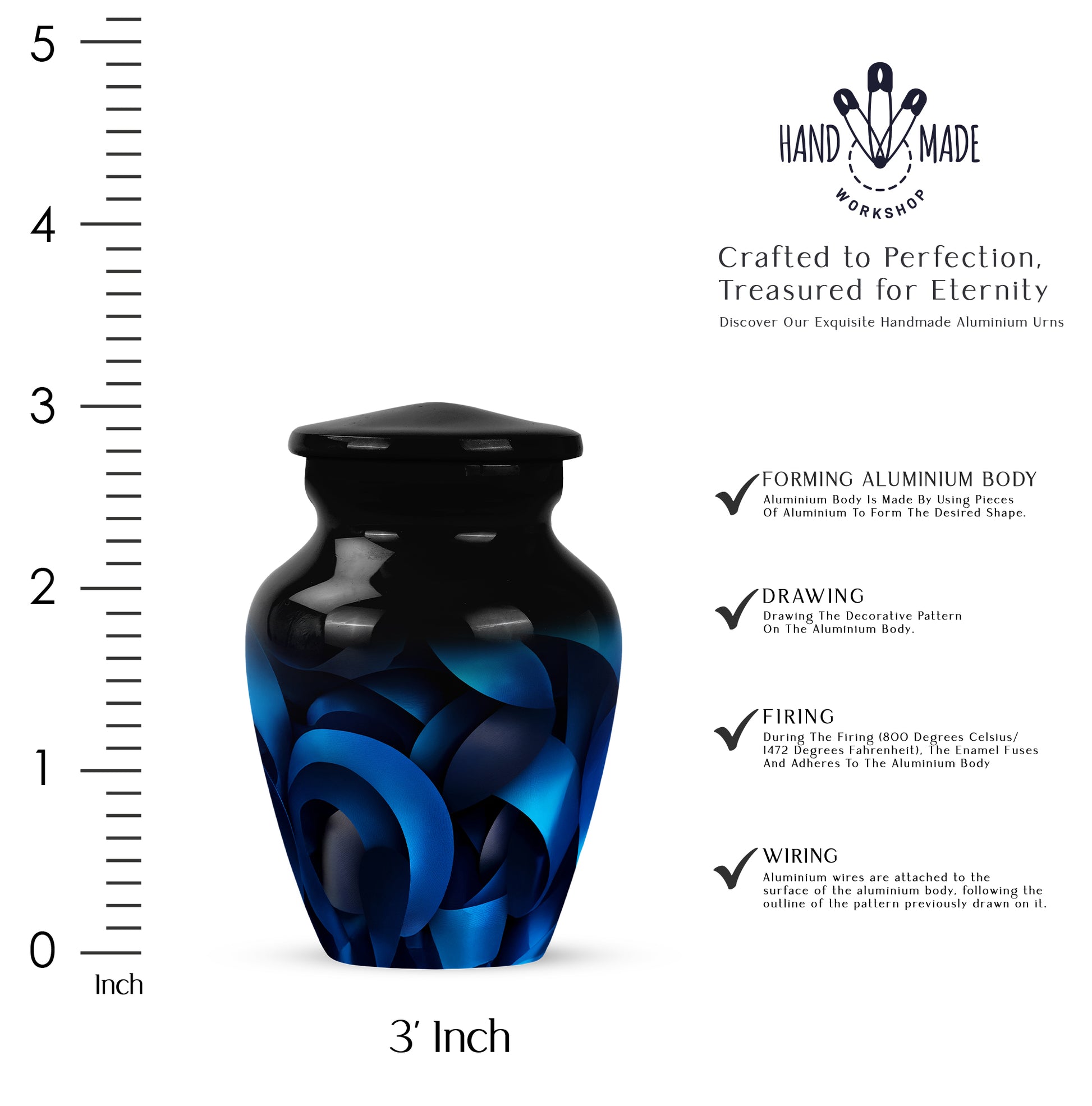 Midnight Black Blue Cremation Urn close-up of engraving and surface detail - traditional blue engraving with hand-polished finish - mini keepsake memorial for portion of cremation ashes