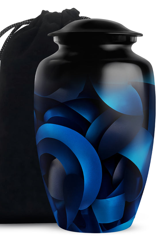 Rich Black Blue Cremation Urn angled view of lid and engraved motif - classic sculpted blue pattern on smooth aluminum - full-size 10 inch 200 cubic inch adult cremation urn