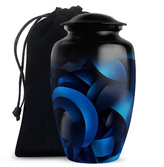 Rich Black Blue Cremation Urn angled view of lid and engraved motif - classic sculpted blue pattern on smooth aluminum - full-size 10 inch 200 cubic inch adult cremation urn