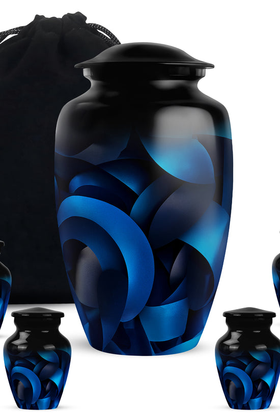 Charcoal Black Blue Cremation Urn top-down view of secure threaded lid - traditional blue engraving with hand-polished finish - memorial set with one large and four small urns