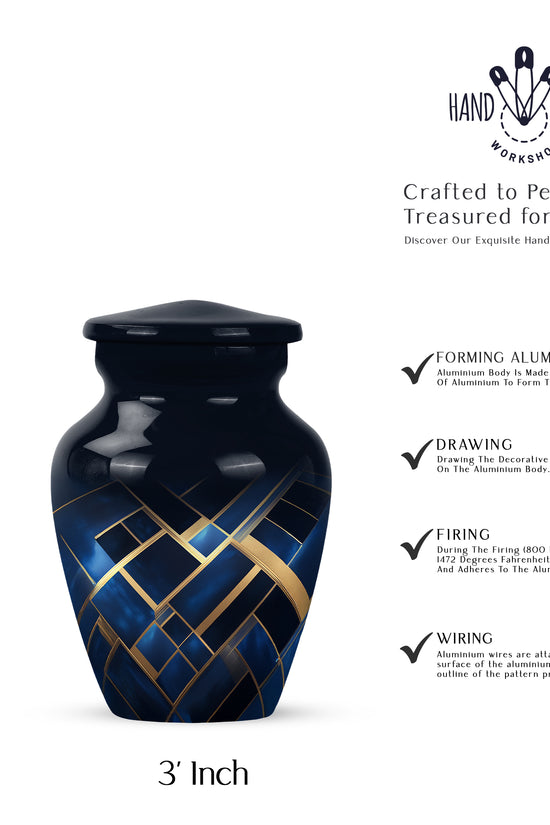 Navy Blue Blue Cremation Urn close-up of engraving and surface detail - timeless blue motif etched into premium metal - mini keepsake memorial for portion of cremation ashes