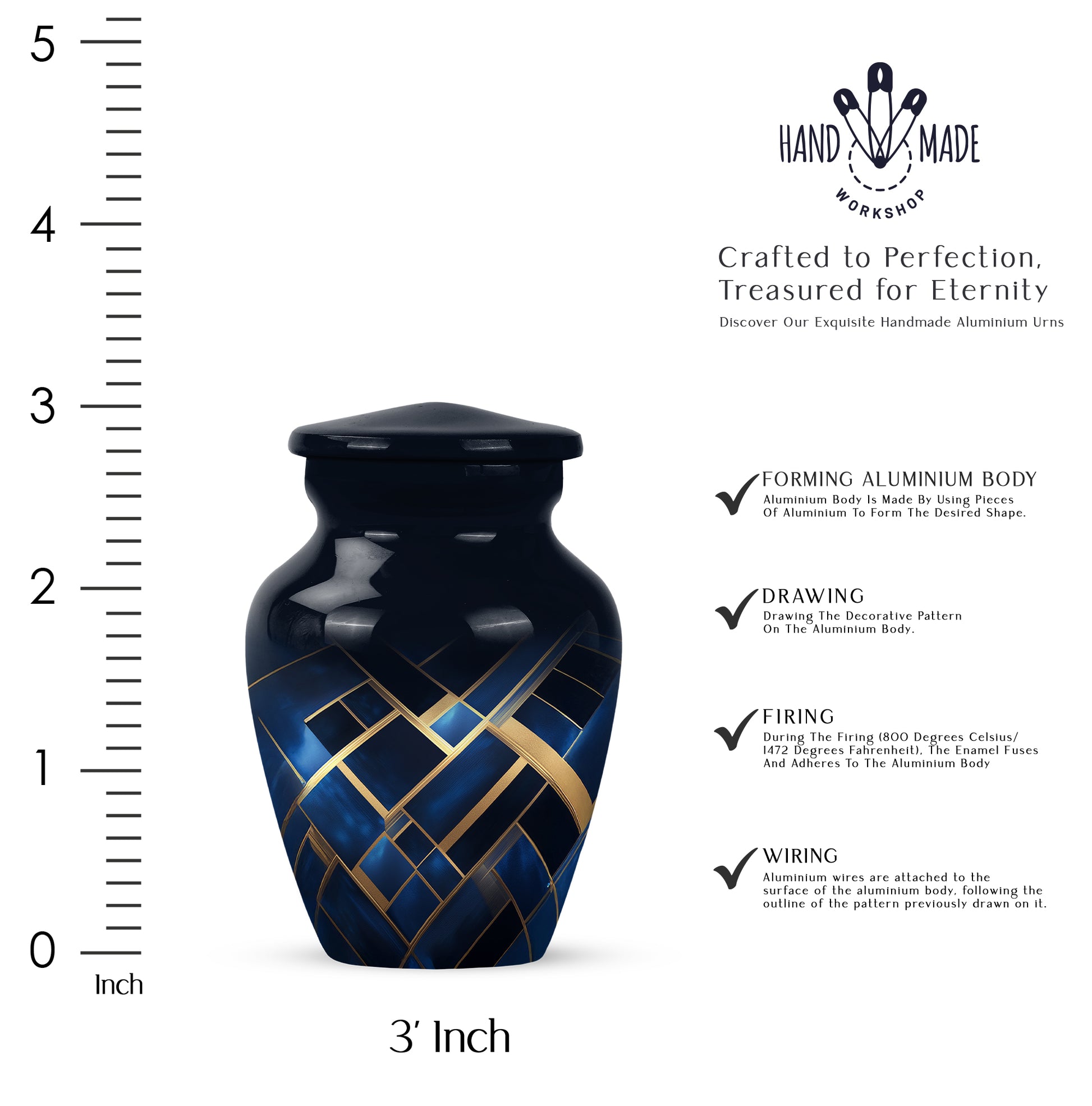 Navy Blue Blue Cremation Urn close-up of engraving and surface detail - timeless blue motif etched into premium metal - mini keepsake memorial for portion of cremation ashes