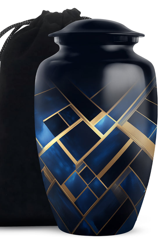 Sapphire Blue Blue Cremation Urn angled view of lid and engraved motif - traditional blue engraving with hand-polished finish - full-size 10 inch 200 cubic inch adult cremation urn