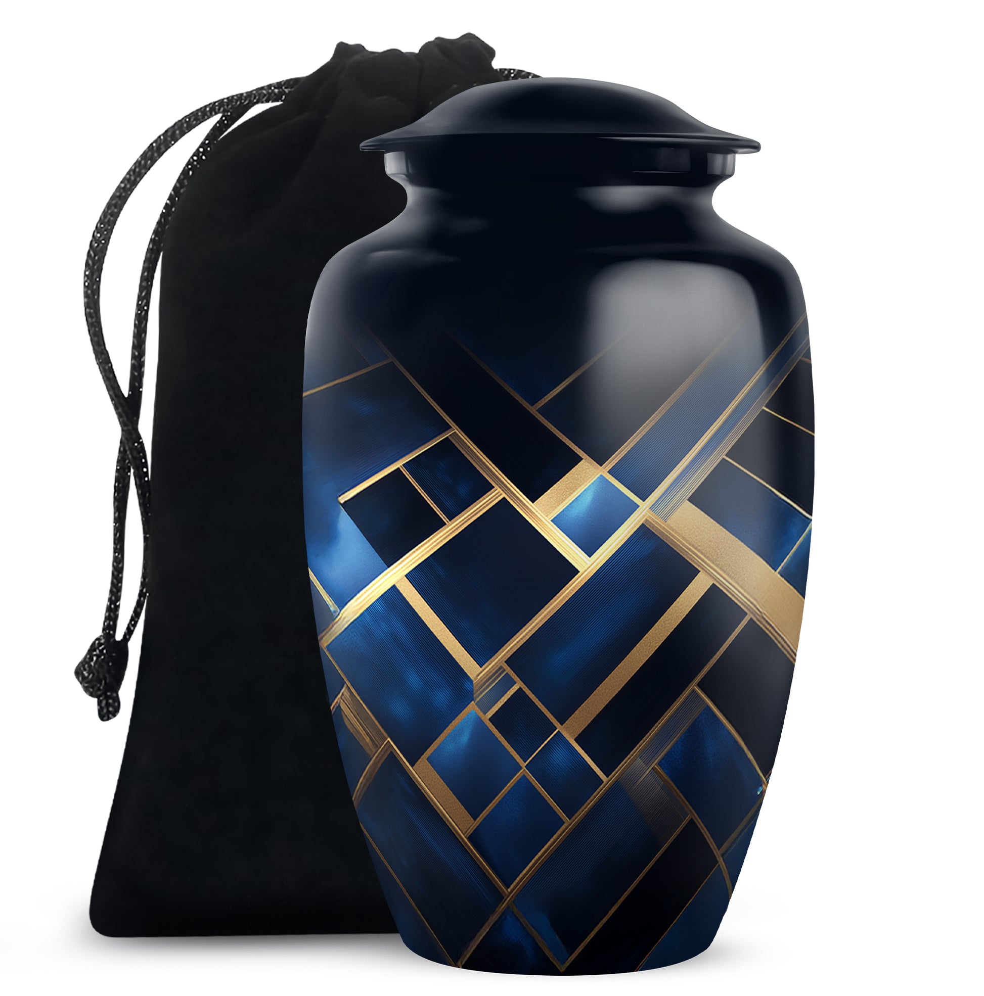 Sapphire Blue Blue Cremation Urn angled view of lid and engraved motif - traditional blue engraving with hand-polished finish - full-size 10 inch 200 cubic inch adult cremation urn