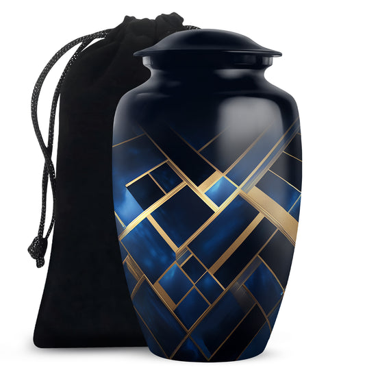 Sapphire Blue Blue Cremation Urn angled view of lid and engraved motif - traditional blue engraving with hand-polished finish - full-size 10 inch 200 cubic inch adult cremation urn
