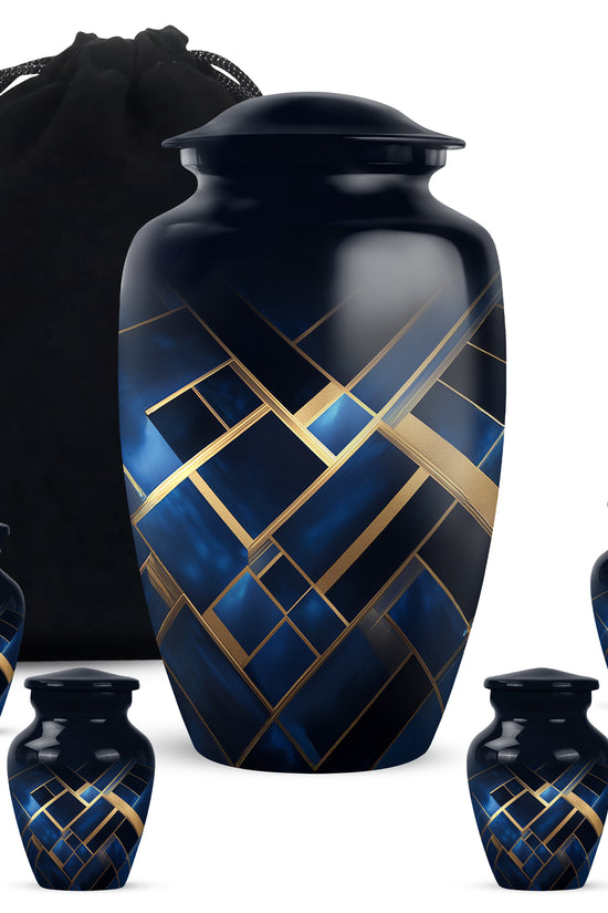 Steel Blue Blue Cremation Urn top-down view of secure threaded lid - elegant classic blue relief with fine detailing - memorial set with one large and four small urns