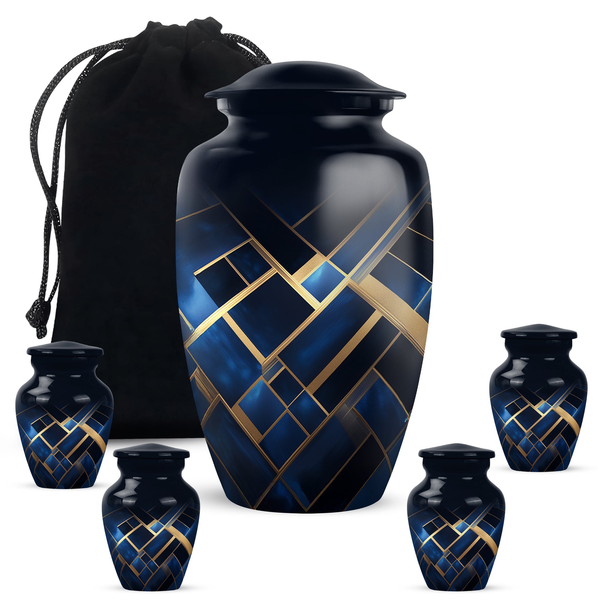 Steel Blue Blue Cremation Urn top-down view of secure threaded lid - elegant classic blue relief with fine detailing - memorial set with one large and four small urns