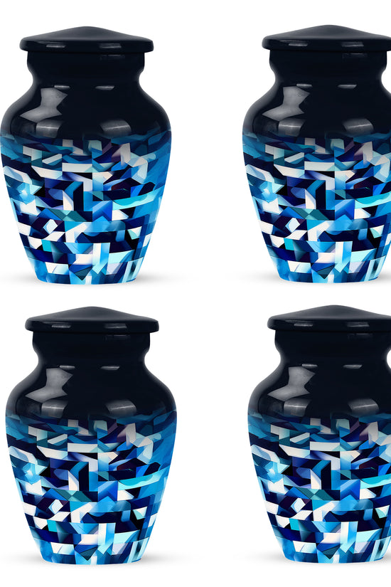 Slate Blue Blue Cremation Urn side profile showing urn shape - timeless blue motif etched into premium metal - 10 inch aluminum urn for cremated remains