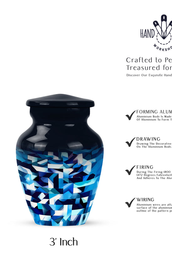 Misty Blue Blue Cremation Urn close-up of engraving and surface detail - classic sculpted blue pattern on smooth aluminum - mini keepsake memorial for portion of cremation ashes