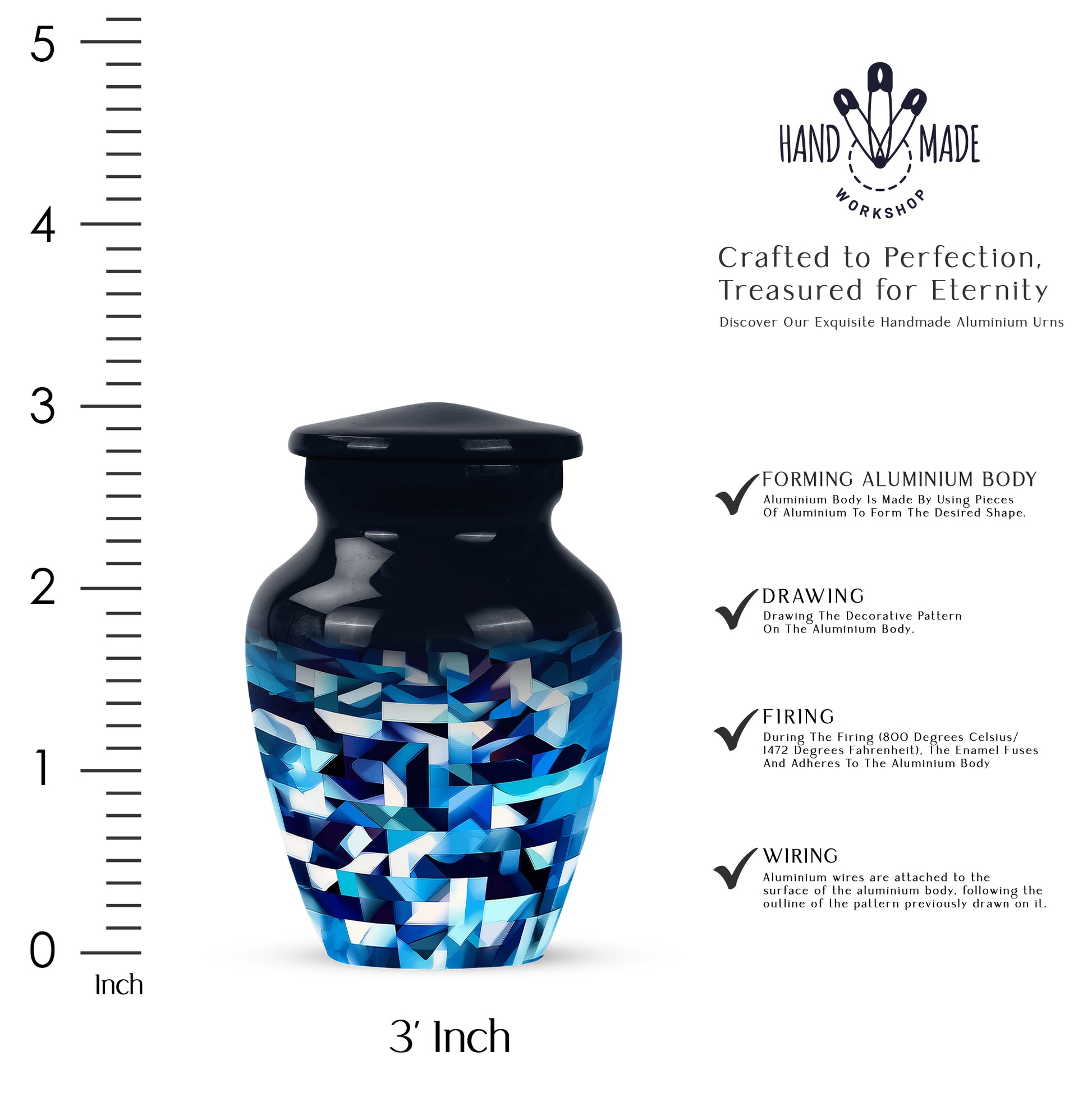 Misty Blue Blue Cremation Urn close-up of engraving and surface detail - classic sculpted blue pattern on smooth aluminum - mini keepsake memorial for portion of cremation ashes