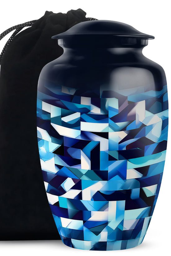 Icy Blue Blue Cremation Urn angled view of lid and engraved motif - timeless blue motif etched into premium metal - full-size 10 inch 200 cubic inch adult cremation urn