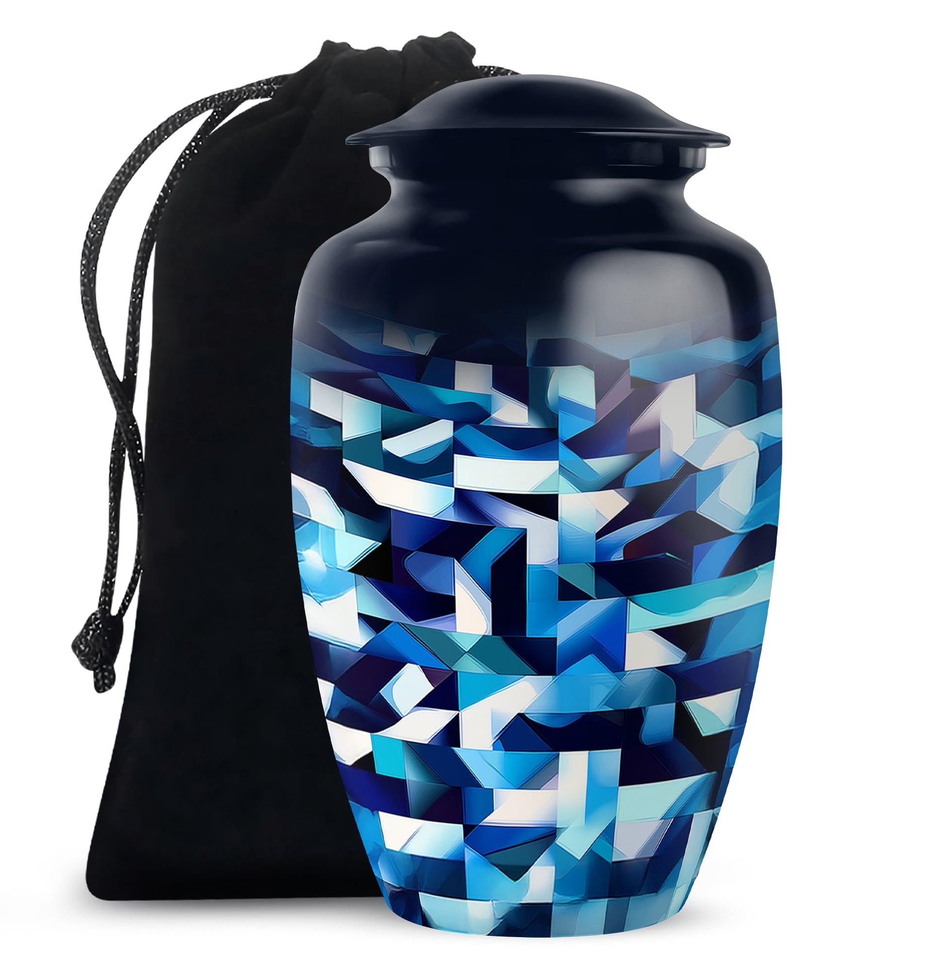 Icy Blue Blue Cremation Urn angled view of lid and engraved motif - timeless blue motif etched into premium metal - full-size 10 inch 200 cubic inch adult cremation urn