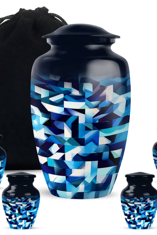 Misty Blue Blue Cremation Urn top-down view of secure threaded lid - timeless blue motif etched into premium metal - memorial set with one large and four small urns