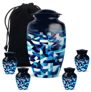 Misty Blue Blue Cremation Urn top-down view of secure threaded lid - timeless blue motif etched into premium metal - memorial set with one large and four small urns