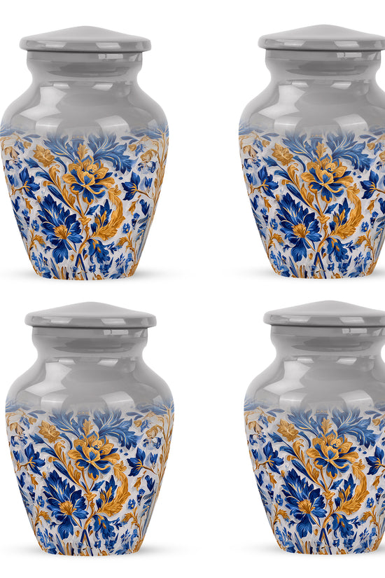 Dove Gray Blue Cremation Urn side profile showing urn shape - timeless blue motif etched into premium metal - 10 inch aluminum urn for cremated remains