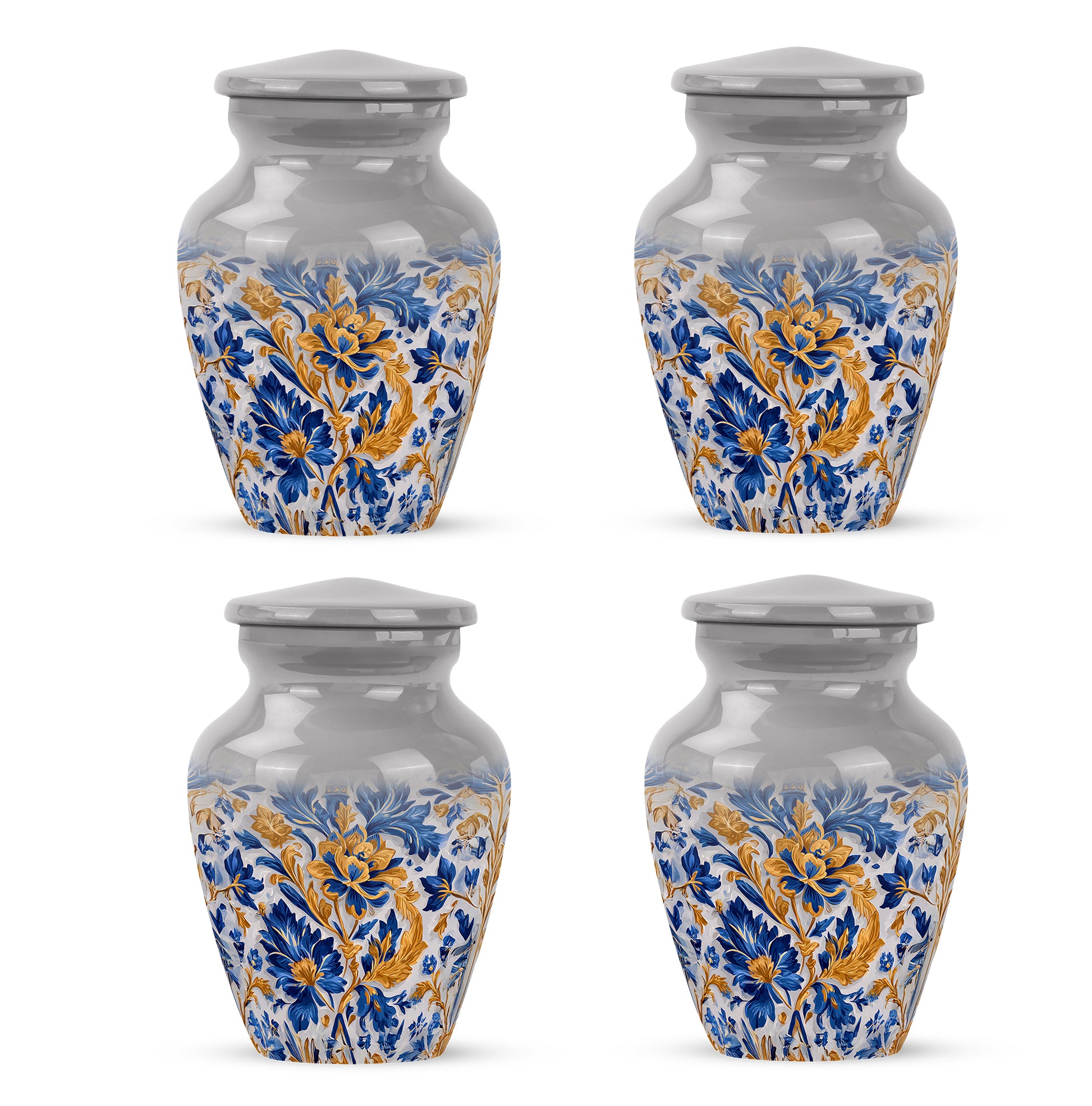 Dove Gray Blue Cremation Urn side profile showing urn shape - timeless blue motif etched into premium metal - 10 inch aluminum urn for cremated remains