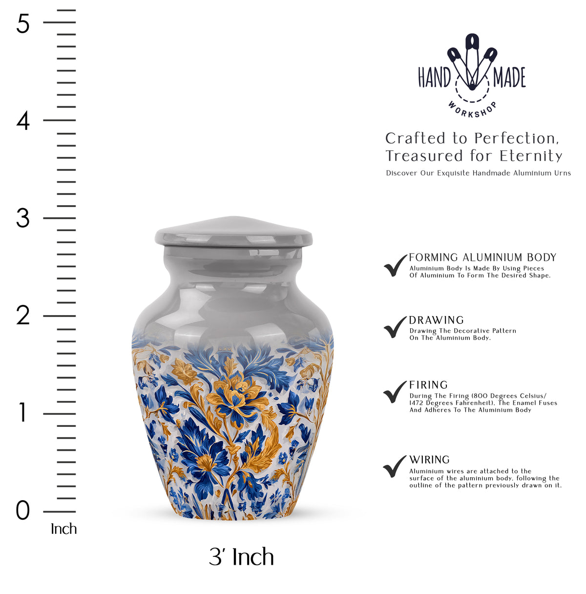 Steel Gray Blue Cremation Urn close-up of engraving and surface detail - traditional blue engraving with hand-polished finish - mini keepsake memorial for portion of cremation ashes