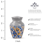 Steel Gray Blue Cremation Urn close-up of engraving and surface detail - traditional blue engraving with hand-polished finish - mini keepsake memorial for portion of cremation ashes