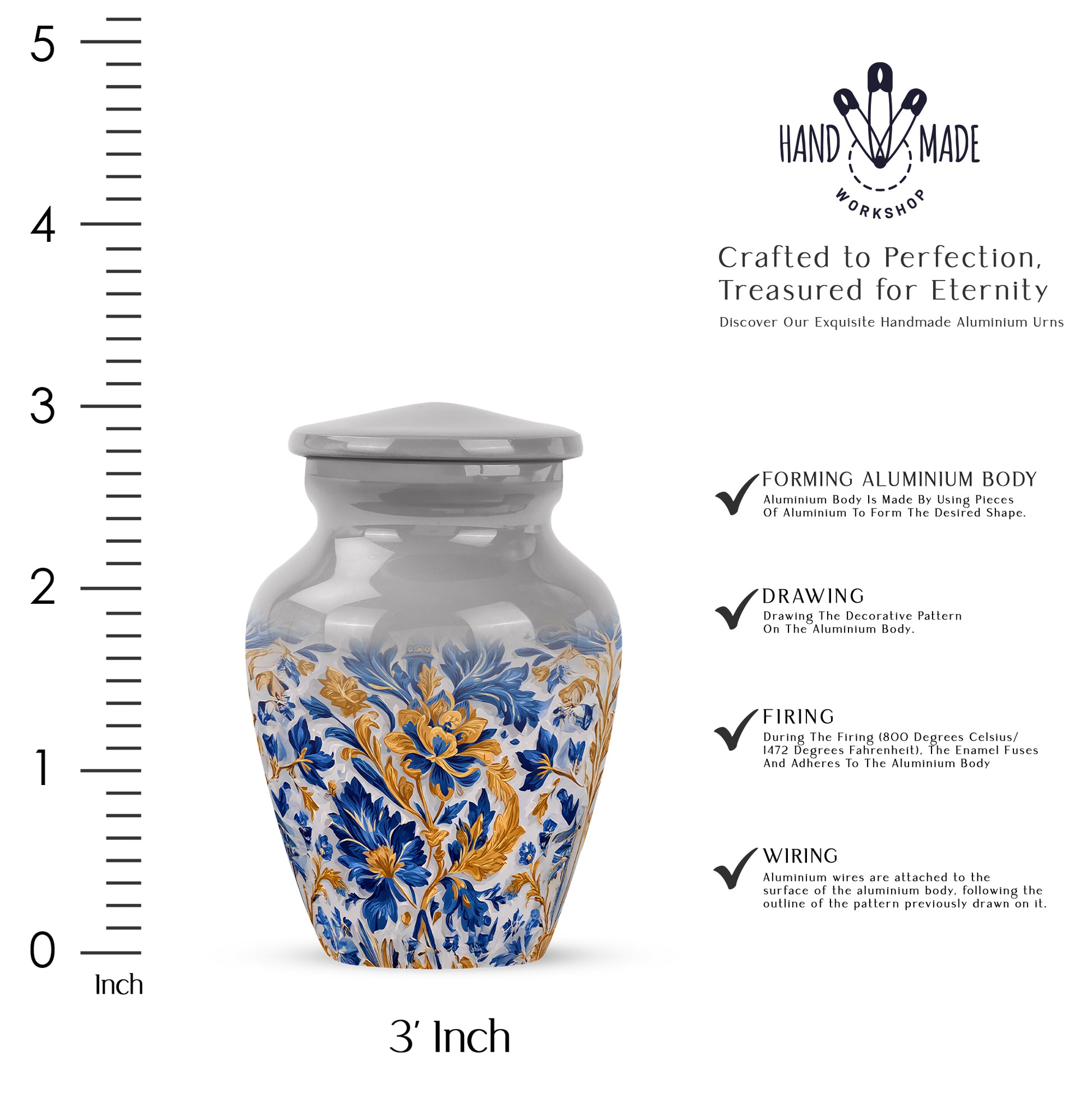 Steel Gray Blue Cremation Urn close-up of engraving and surface detail - traditional blue engraving with hand-polished finish - mini keepsake memorial for portion of cremation ashes