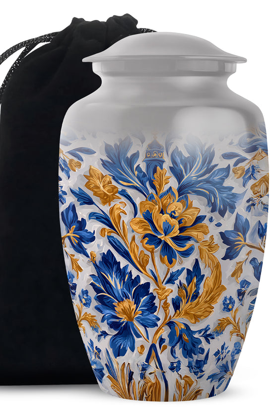 Ash Gray Blue Cremation Urn angled view of lid and engraved motif - elegant classic blue relief with fine detailing - full-size 10 inch 200 cubic inch adult cremation urn