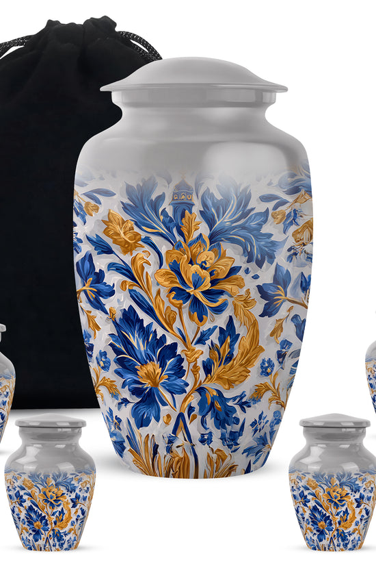 Steel Gray Blue Cremation Urn top-down view of secure threaded lid - elegant classic blue relief with fine detailing - memorial set with one large and four small urns