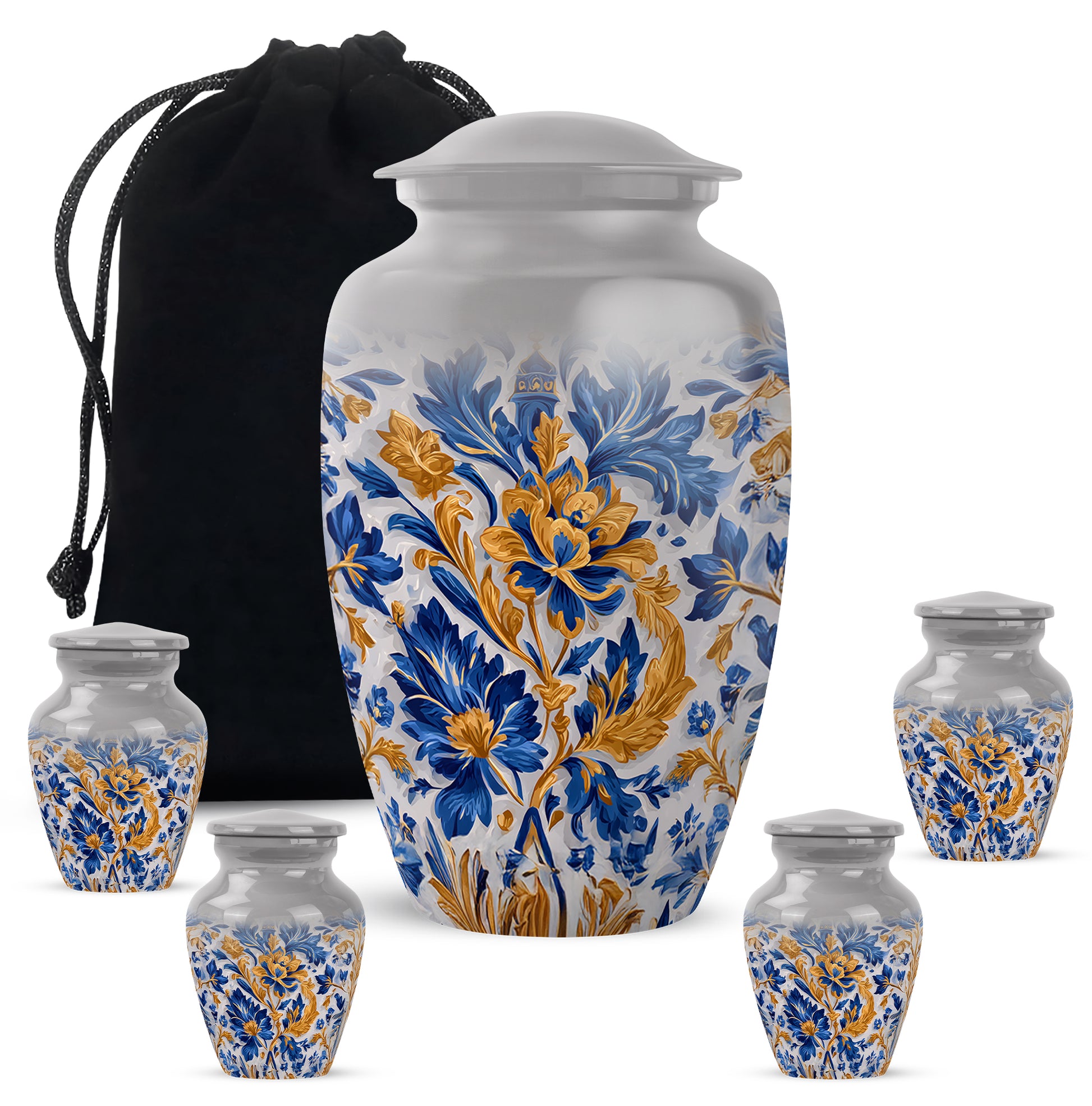 Steel Gray Blue Cremation Urn top-down view of secure threaded lid - elegant classic blue relief with fine detailing - memorial set with one large and four small urns