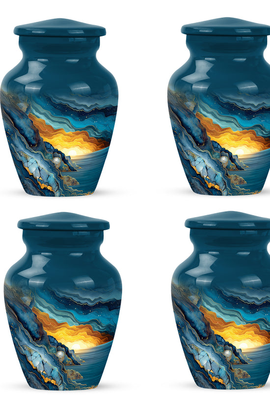Vivid Blue Blue Cremation Urn side profile showing urn shape - traditional blue engraving with hand-polished finish - 10 inch aluminum urn for cremated remains
