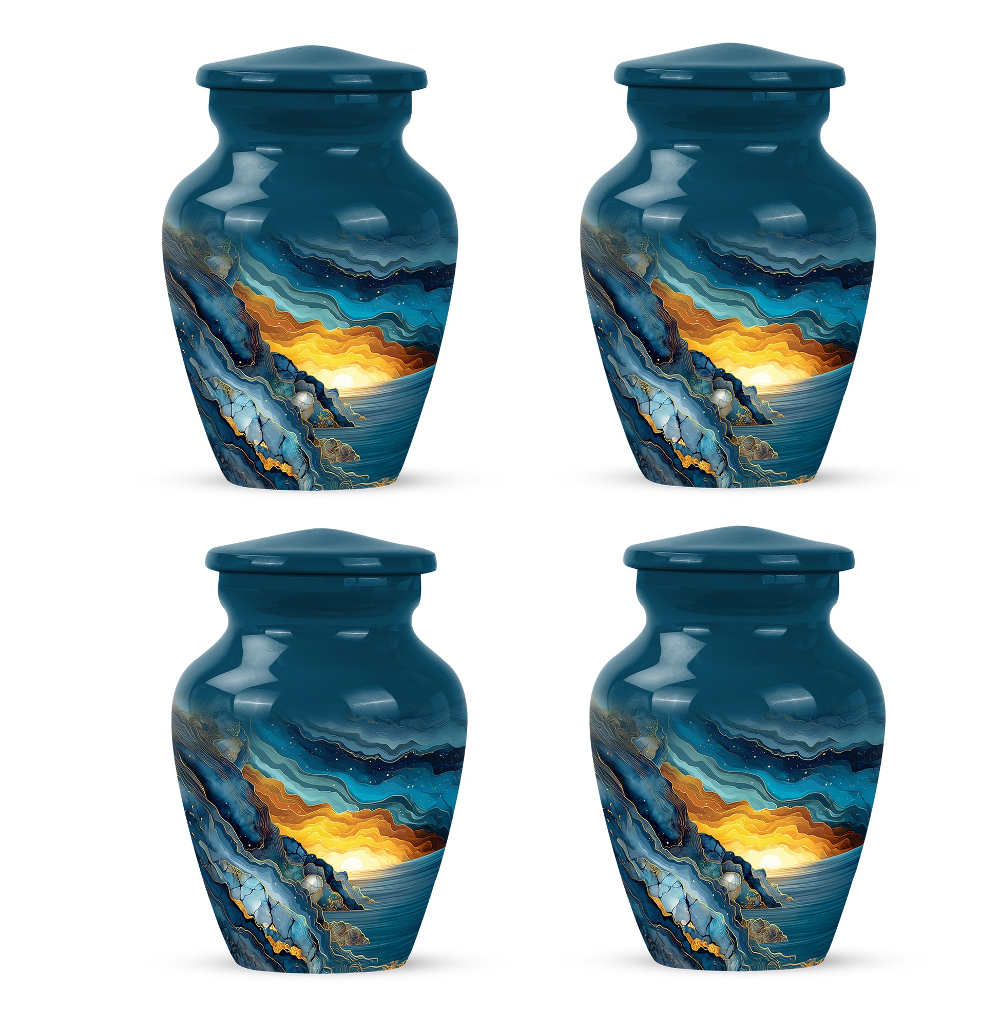 Vivid Blue Blue Cremation Urn side profile showing urn shape - traditional blue engraving with hand-polished finish - 10 inch aluminum urn for cremated remains