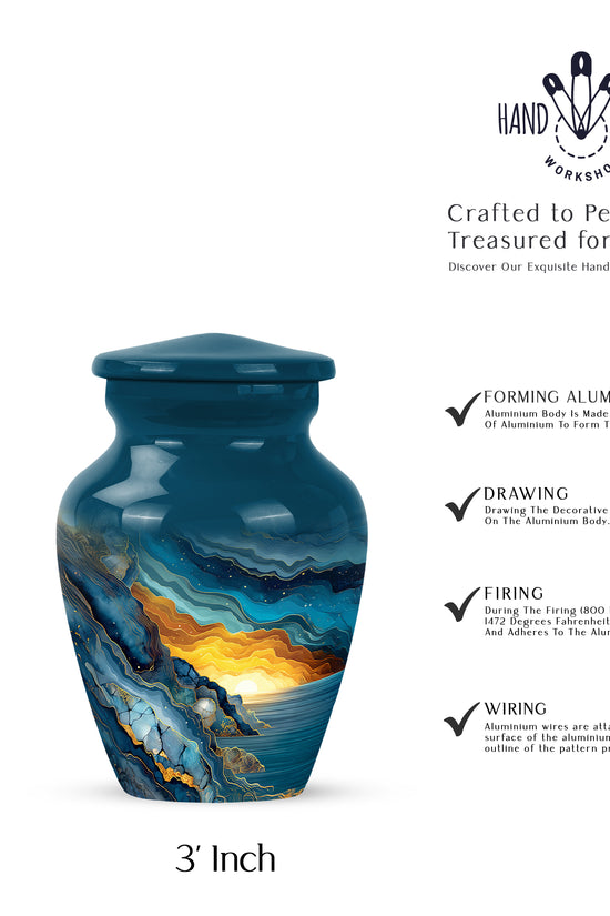 Vivid Blue Blue Cremation Urn close-up of engraving and surface detail - traditional blue engraving with hand-polished finish - mini keepsake memorial for portion of cremation ashes