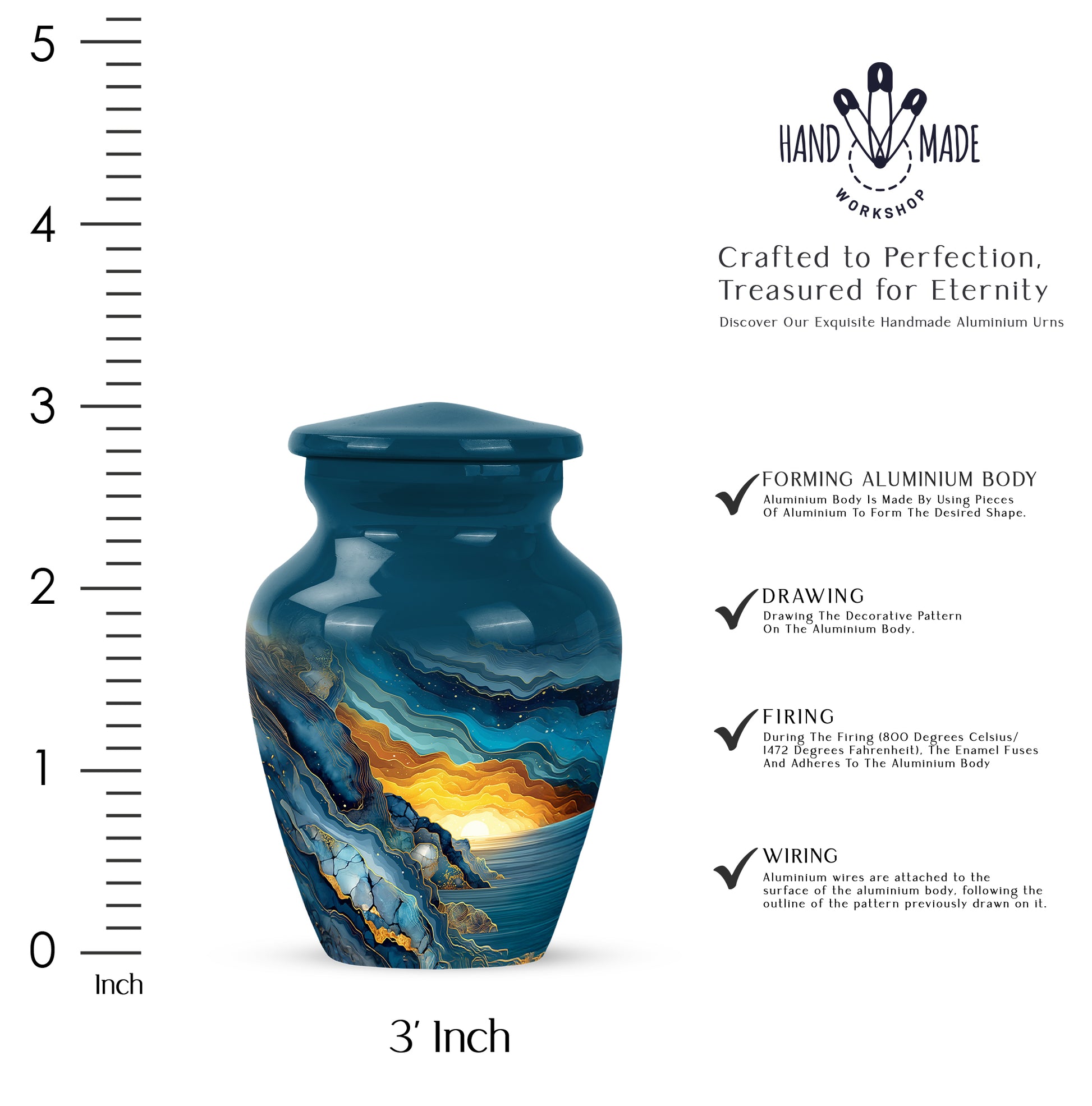 Vivid Blue Blue Cremation Urn close-up of engraving and surface detail - traditional blue engraving with hand-polished finish - mini keepsake memorial for portion of cremation ashes